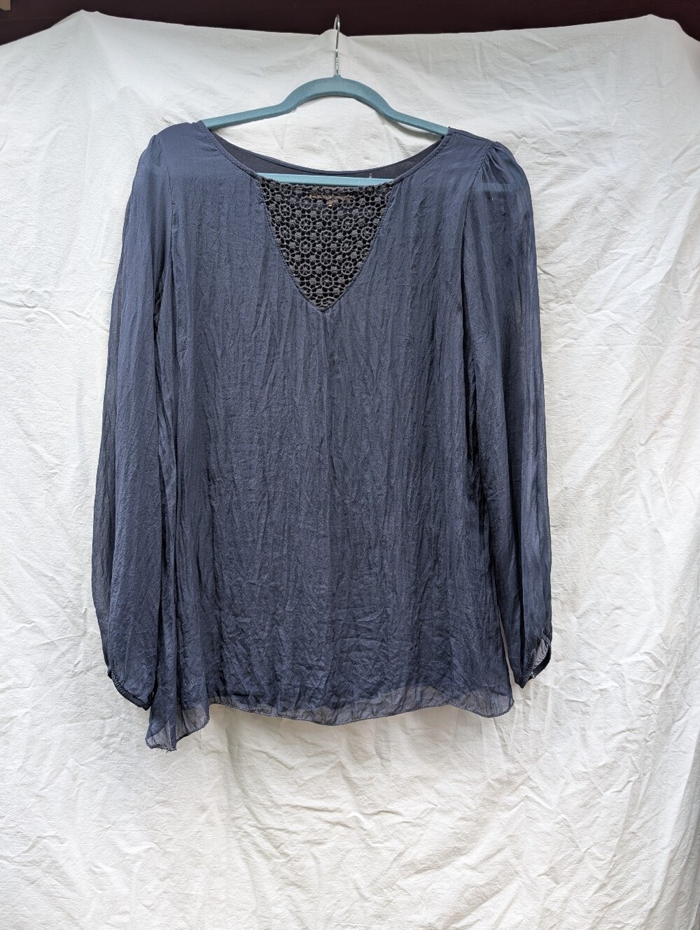 Carla Conti Italy Silk Crochet Sheer Italian Blouse Navy Sz M